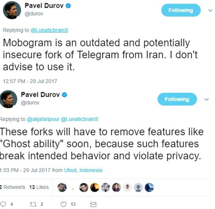 مدیر عامل تلگرام: موبوگرام نا امن است و استفاده از آن را توصیه نمی کنم
